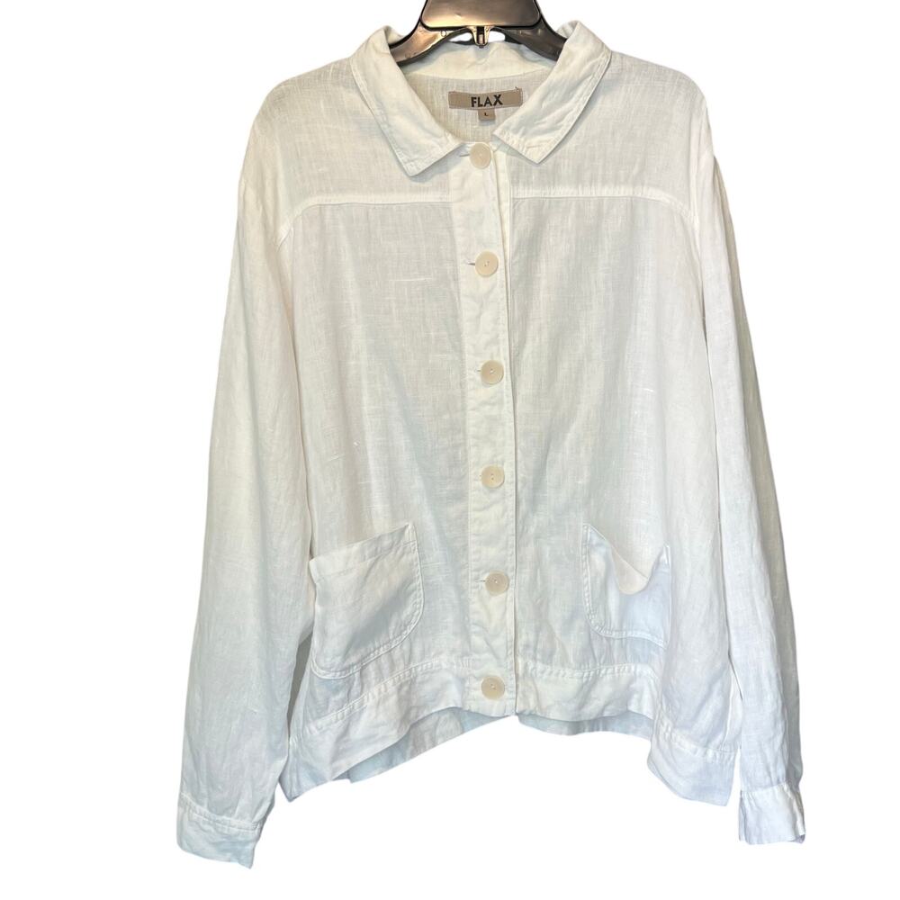 Flax Linen Lagenlook Coastal Lightweight Button Front Shacket Jacket White Large